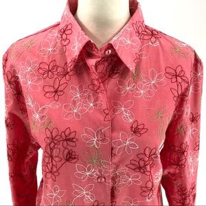 SOLD Foxcroft Embroidered Pink White Green Stretch Cotton Floral Shirt - size 12
